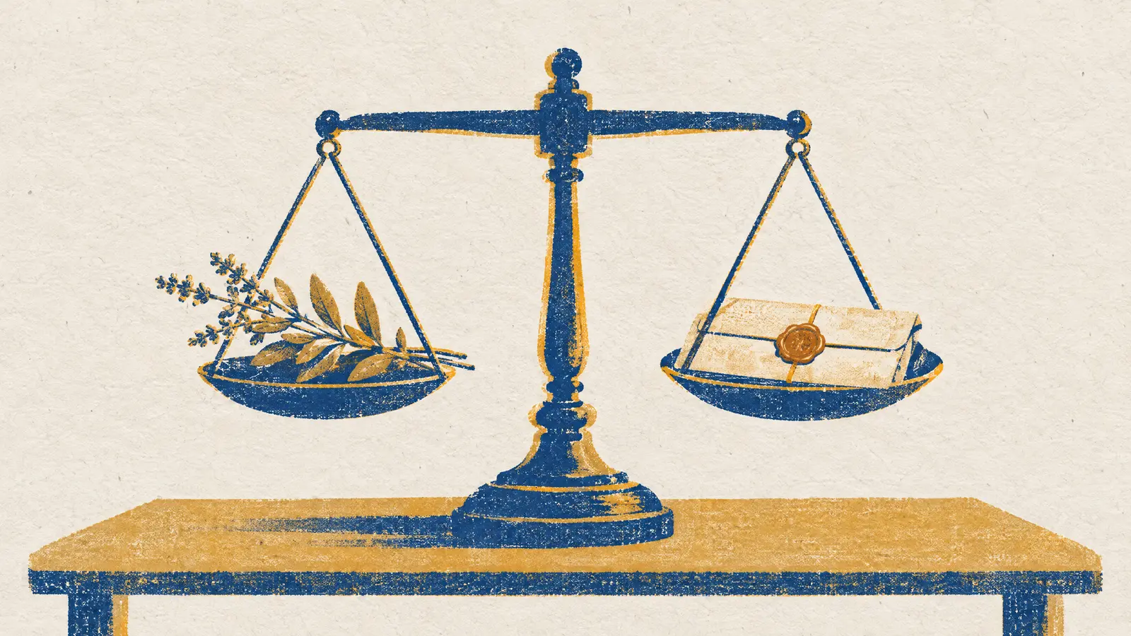 Bir kefesinde kurutulmuş bitki dalı, diğerinde mühürlü katlı belge bulunan terazi; iki renkli baskı illüstrasyon.